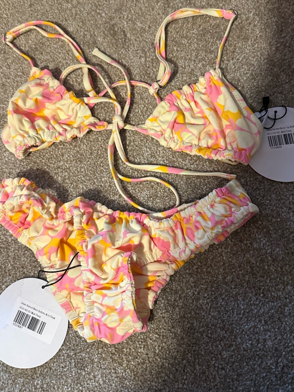 Princess Polly Pink Yellow Cream Ruffle Triangle Bikini